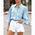 solid color puff sleeves single-breasted washed denim shirt NSCXY137778