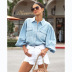solid color puff sleeves single-breasted washed denim shirt NSCXY137778