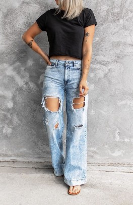 High Waist Loose Hole Wide Leg Wash Jeans NSCXY137782