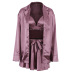 Chaleco de seda sintética de color liso para mujer, pantalones cortos, pijama de tres piezas NSMSY137793