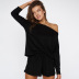Simple solid color Knit Rib One Word Neck Long Sleeve top and Shorts Pajamas NSMSY137796