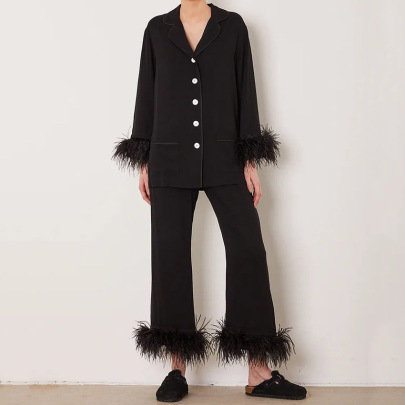 Ostrich Feather Stitching Loose Long-sleeved Top And Pants Loungewear Can Be Worn Outside NSMSY137806