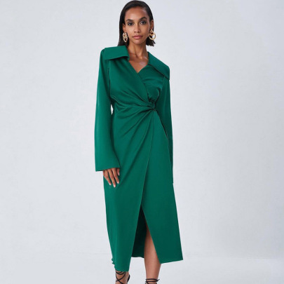 Solid Color Satin V-neck Long Sleeve Suit Style Long Dress NSSQS137810