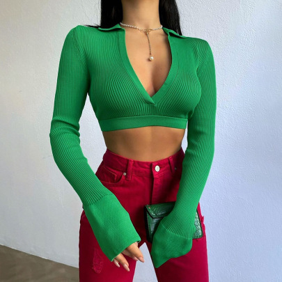 Solid Color Knitted V-neck Long-sleeved Crop Top NSAFS137818