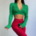 solid color knitted V-neck long-sleeved crop top NSAFS137818