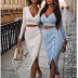 deep V-neck tight-fitting long-sleeved crop top with slit buttons sheath skirt set NSSFN137835