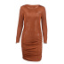 solid color tight-fitting long-sleeved round neck pleated sheath dress NSSFN137842