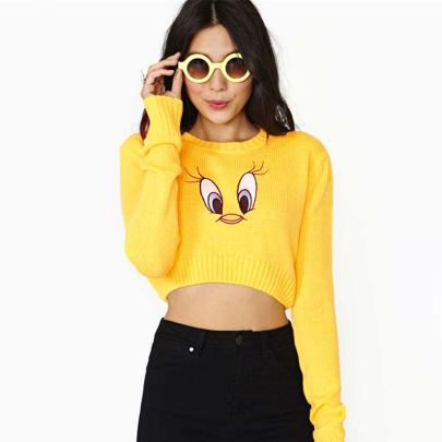 Yellow Bird Embroidery Long-sleeved Crop Pullover Sweater NSSFN137853