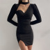 solid color long-sleeved hollowed-out low-cut sheath dress NSCOK137880