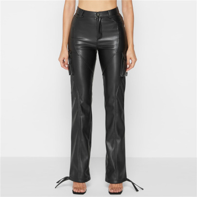 Solid Color High Waist Straight PU Leather Slim Trousers NSCOK137886