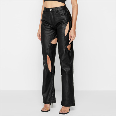 High Waist Straight Slim Hollow Faux Leather Trousers NSCOK137890