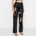 high waist straight slim hollow faux leather trousers NSCOK137890