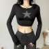 round neck long-sleeved five-pointed star rhinestone slim-fitting cropped T-shirt NSCOK137896