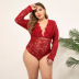 solid color embroidery lace hollow see-through deep V-neck slim one-piece underwear NSSSW137906