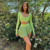 solid color slim long sleeve low cut crop top and pleated skirt set NSAFS137941