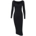 solid color knitted square neck long-sleeved slim dress NSAFS137947