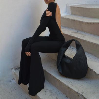 Solid Color Backless Slim Round Neck Long-sleeved Flared Trousers Jumpsuit NSBDX137978