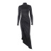 solid color high-neck long-sleeved mid-waist retro pleated slit dress NSBDX137979