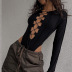 lace up deep V-neck hollowed-out slim solid color long-sleeved jumpsuit NSBJD137998