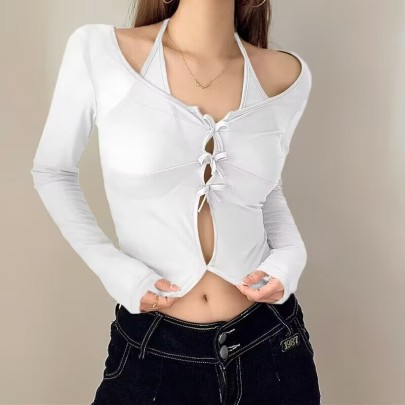 Solid Color V-neck See-through Bow Decoration Fake Two-piece Top NSBJD138011