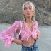 solid color bow tie V-neck ruffled see-through long-sleeved crop top NSBJD138022