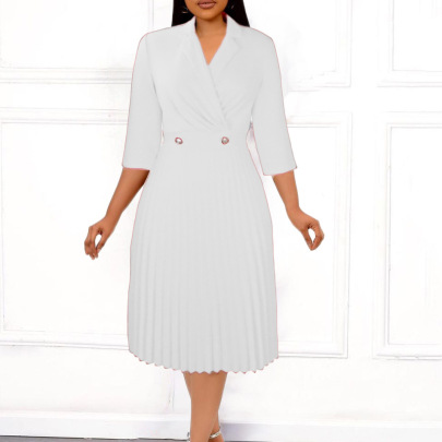 Solid Color Suit Collar Pleated Lapel Long Sleeve Dress NSGML138046