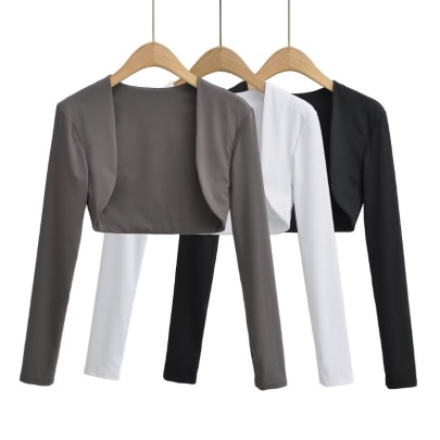 Double-layer Elastic Long Sleeve High-waisted Short Solid Color Cardigan NSXDX137324