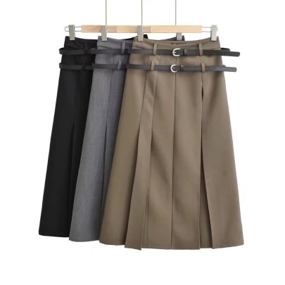 Pleated Solid Color Double Belt High Waist A-line Skirt NSXDX137328