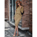 round neck long sleeve high waist slit solid color top and skirt set NSHNF137343