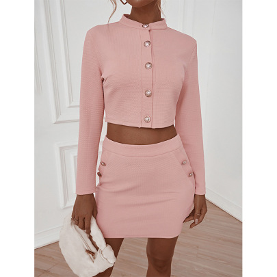 Buttons Solid Color Long Sleeve High Waist Slim Solid Color Top And Skirt Set NSHNF137347