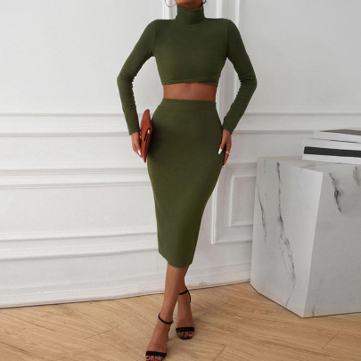 High Neck Long Sleeve High Waist  Slim Solid Color Top And Skirt Suit NSHNF137352
