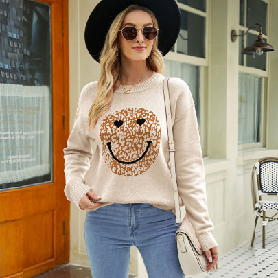 Round Neck Loose Long Sleeve Smile Leopard Print Sweater NSWJY137385
