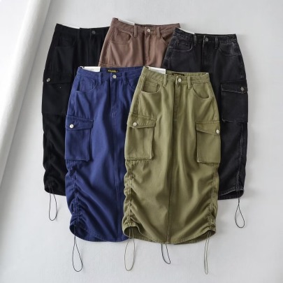 Tooling Pocket Side Drawstring Slit Solid Color Denim Skirt NSXDX137395