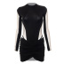 see-through long sleeved hollow slim solid color mesh one-piece top and skirt set NSLHC137397