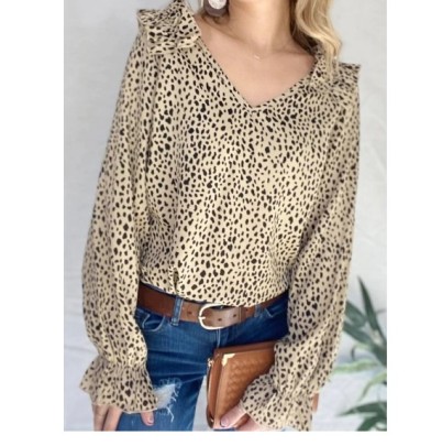 Pullover V-neck Long-sleeved Loose Leopard Print Top NSNCK137292