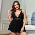 plus size sling perspective v neck backless solid color lace nightdress NSQMY137404