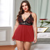 plus size sling perspective v neck backless solid color lace nightdress NSQMY137404