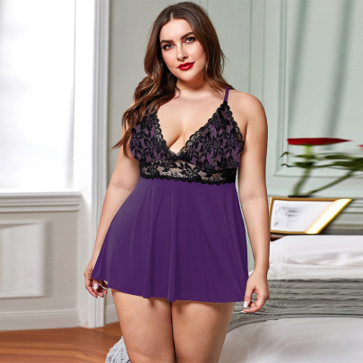 Plus Size Sling Perspective V Neck Backless Solid Color Lace Nightdress NSQMY137404