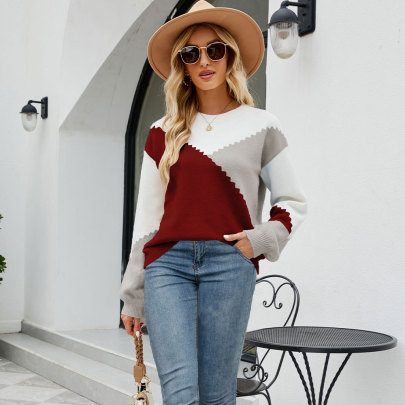Round Neck Warm Long Sleeve Loose Color Matching Sweater NSWJY137440