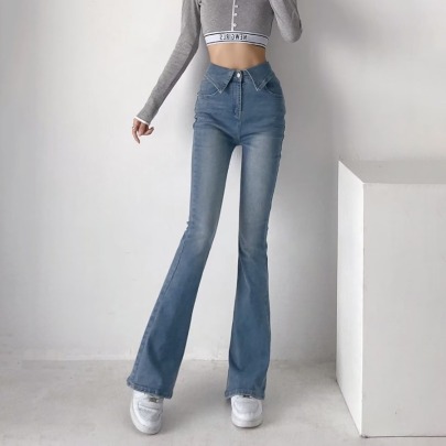 Flanged High Waist Flared Stretch Solid Color Jeans NSXDX137476