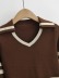 V-neck short long-sleeved lapel striped color matching knitted top NSXDX137477