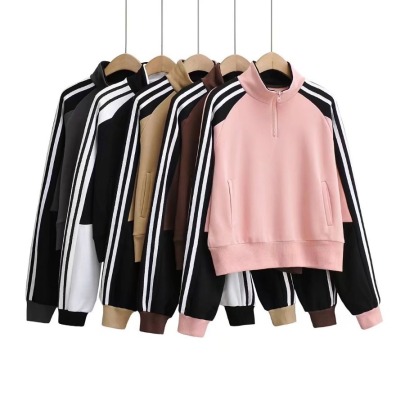 Zipper Color Matching Stitching Long-sleeved Stand-up Collar Loose Sweatshirt NSXDX137479