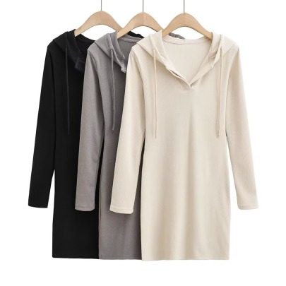 Hooded Drawstring Long-sleeved Slim Solid Color Dress NSXDX137502