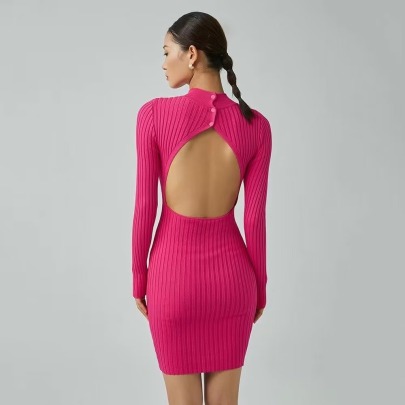 Elastic Slim Backless Round Neck Long Sleeve Solid Color Knitted Dress NSXDX137503