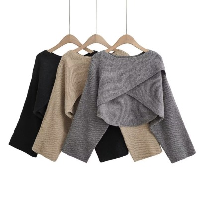 Round Neck Cross Irregular Loose Short Long-sleeved Solid Color Sweater NSXDX137505