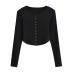 Single Row Snap Button solid color Long Sleeve Round Neck Slim Short top NSXDX137509