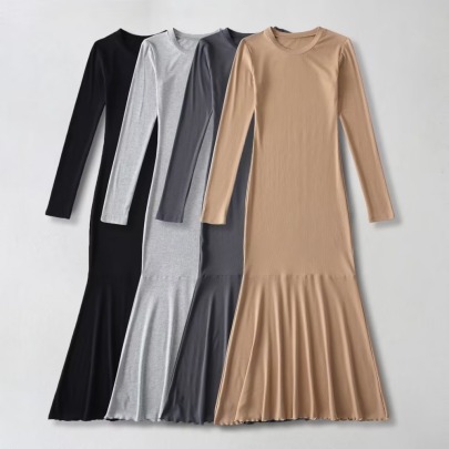 Round Neck Big Swing Fishtail Slim Long-sleeved Solid Color Dress NSXDX137514