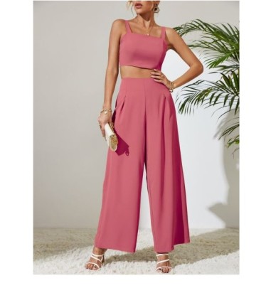 Suspender High Waist Wide-leg Solid Color Vest And Trousers Two-piece Set NSHNF137454