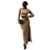solid color round neck long sleeve top high waist slit skirt set NSMG138774