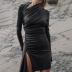 solid color irregular pleated long-sleeved high-waist slit dress NSMG138778